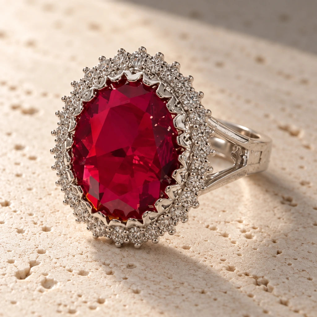 Big Ruby Ring | Continue the same shoot as the previous image: the same piece, the same travertine, the same soft light from the upper left.