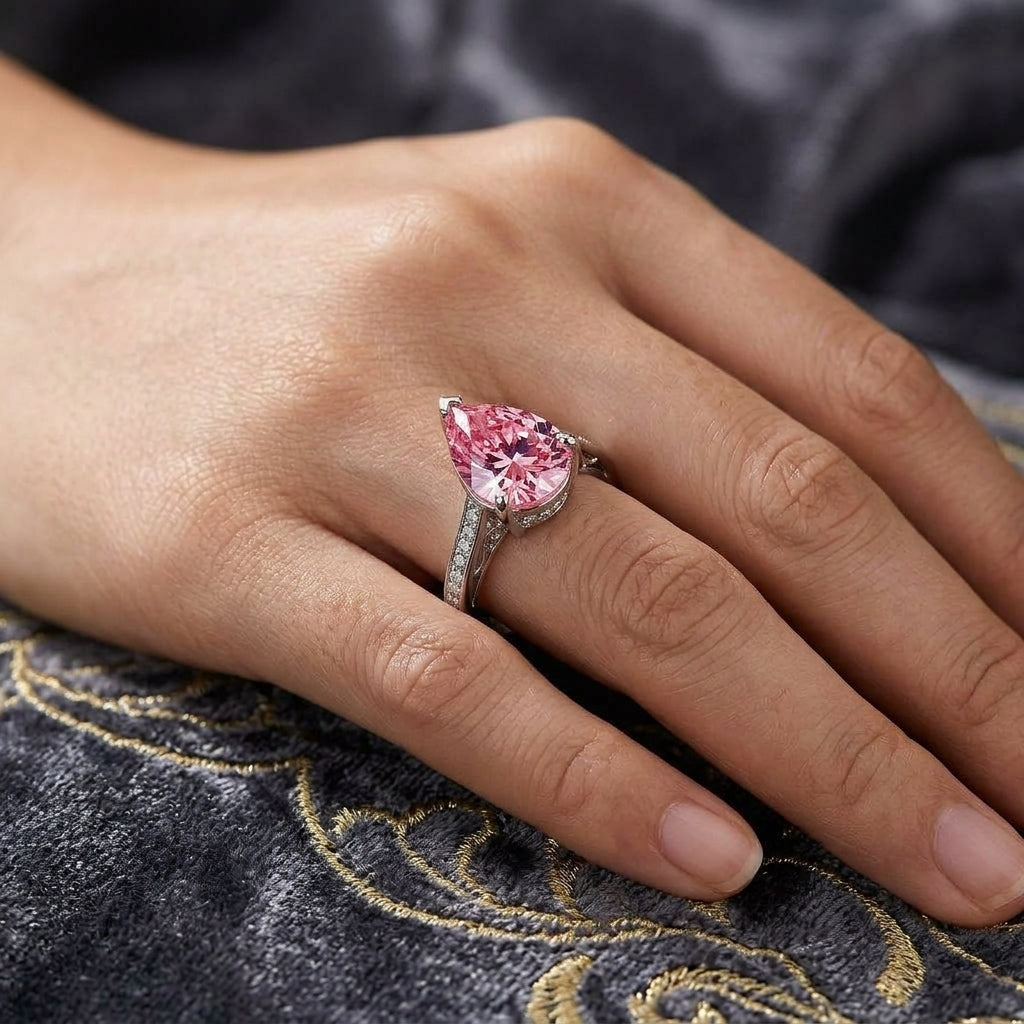 Pink Synthetic Moissanite Teardrop Ring