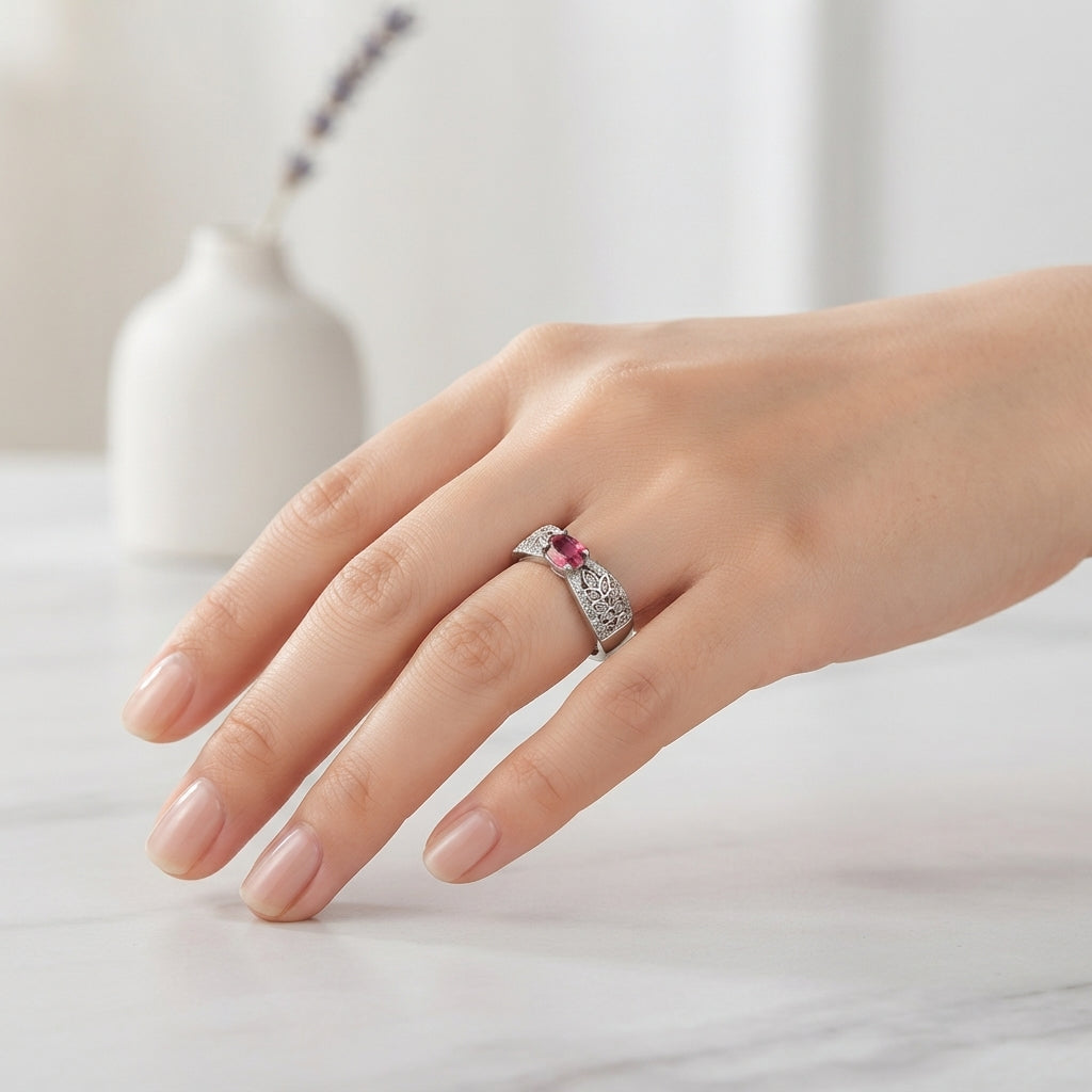 Red Ruby Floral Ring in 925 Sterling Silver