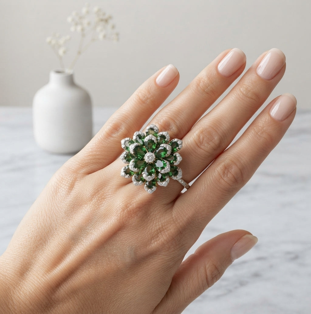 Floral Gemstone Cluster Ring – 925 Sterling Silver