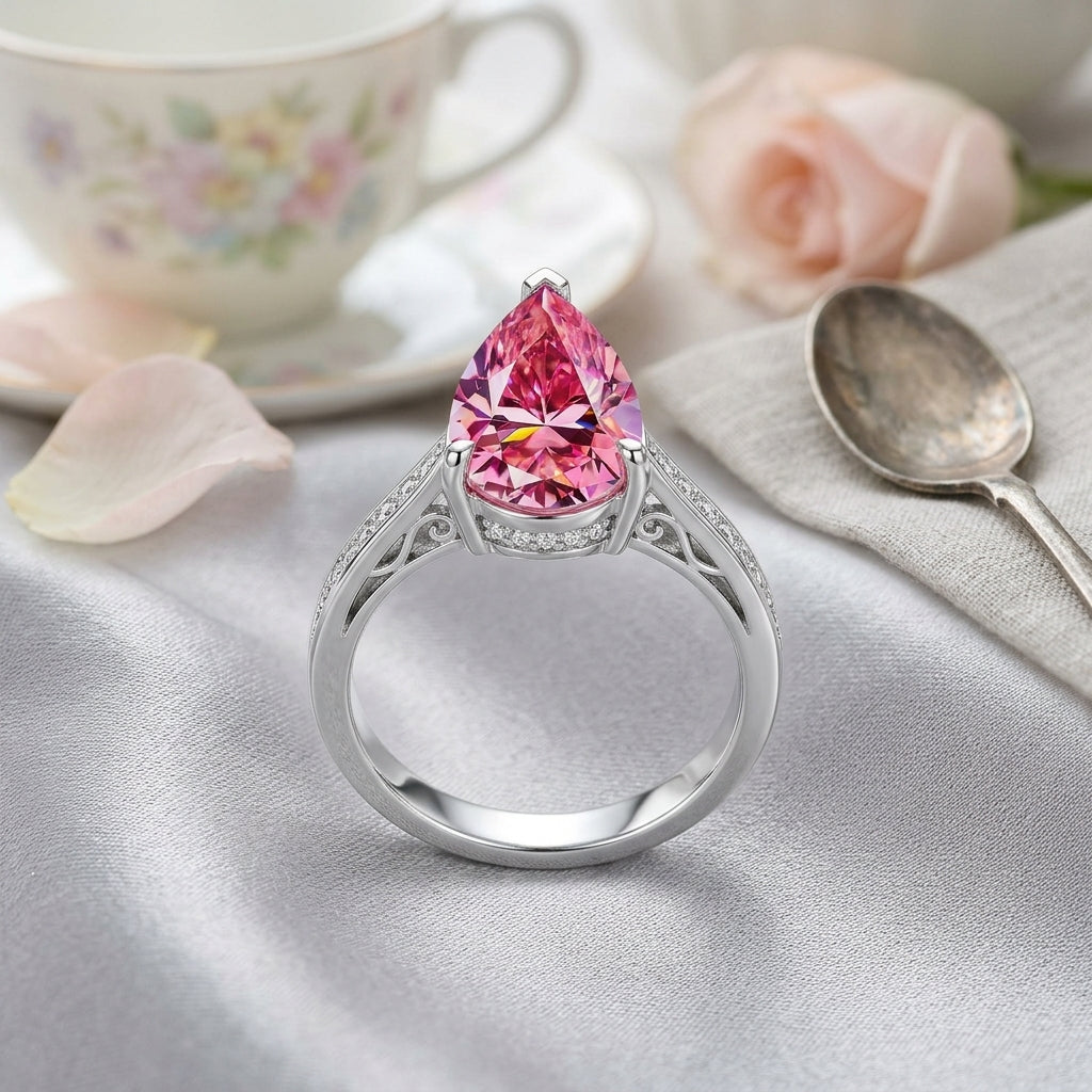 Pink Synthetic Moissanite Teardrop Ring