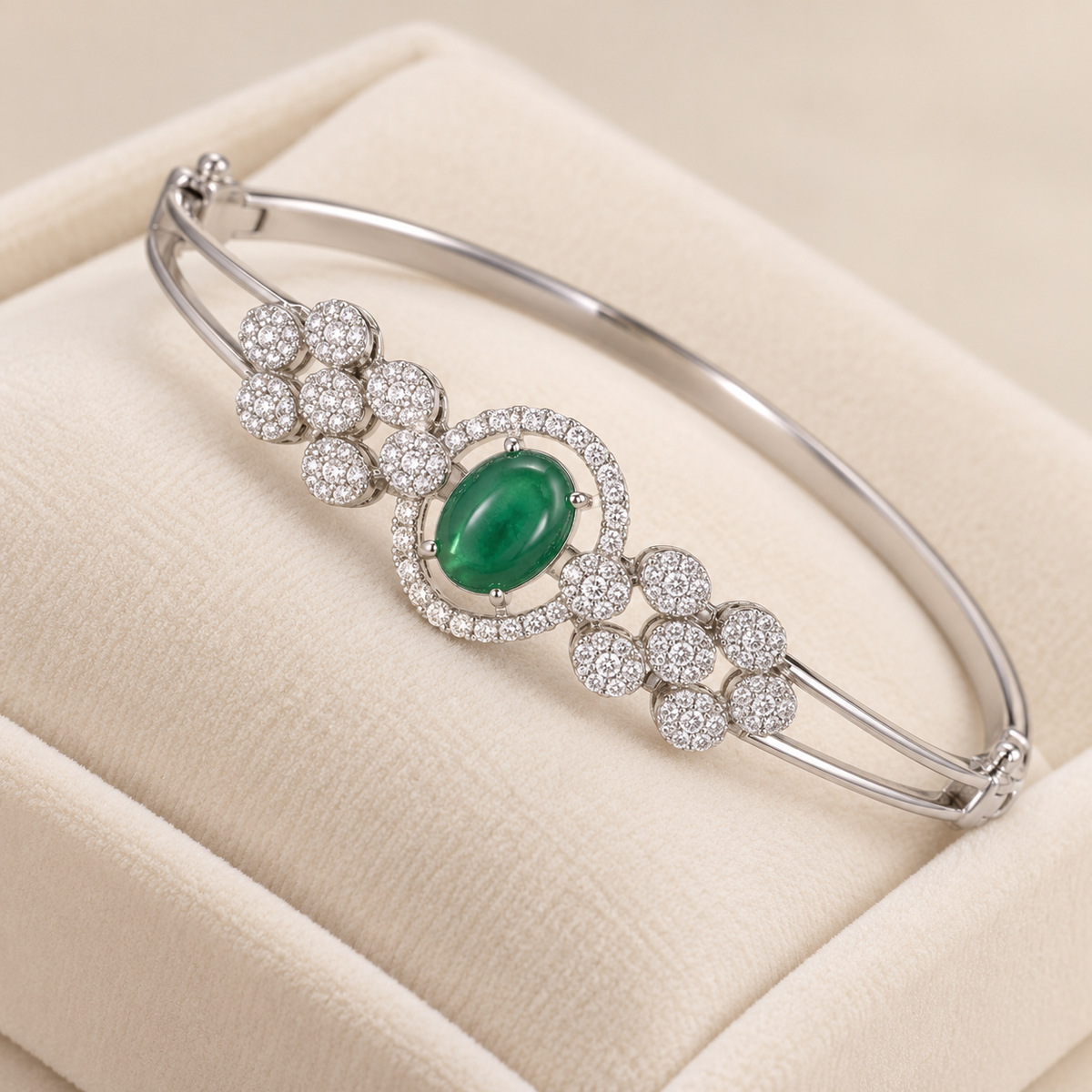 Green Cabochon Floral Halo Kada — Silver