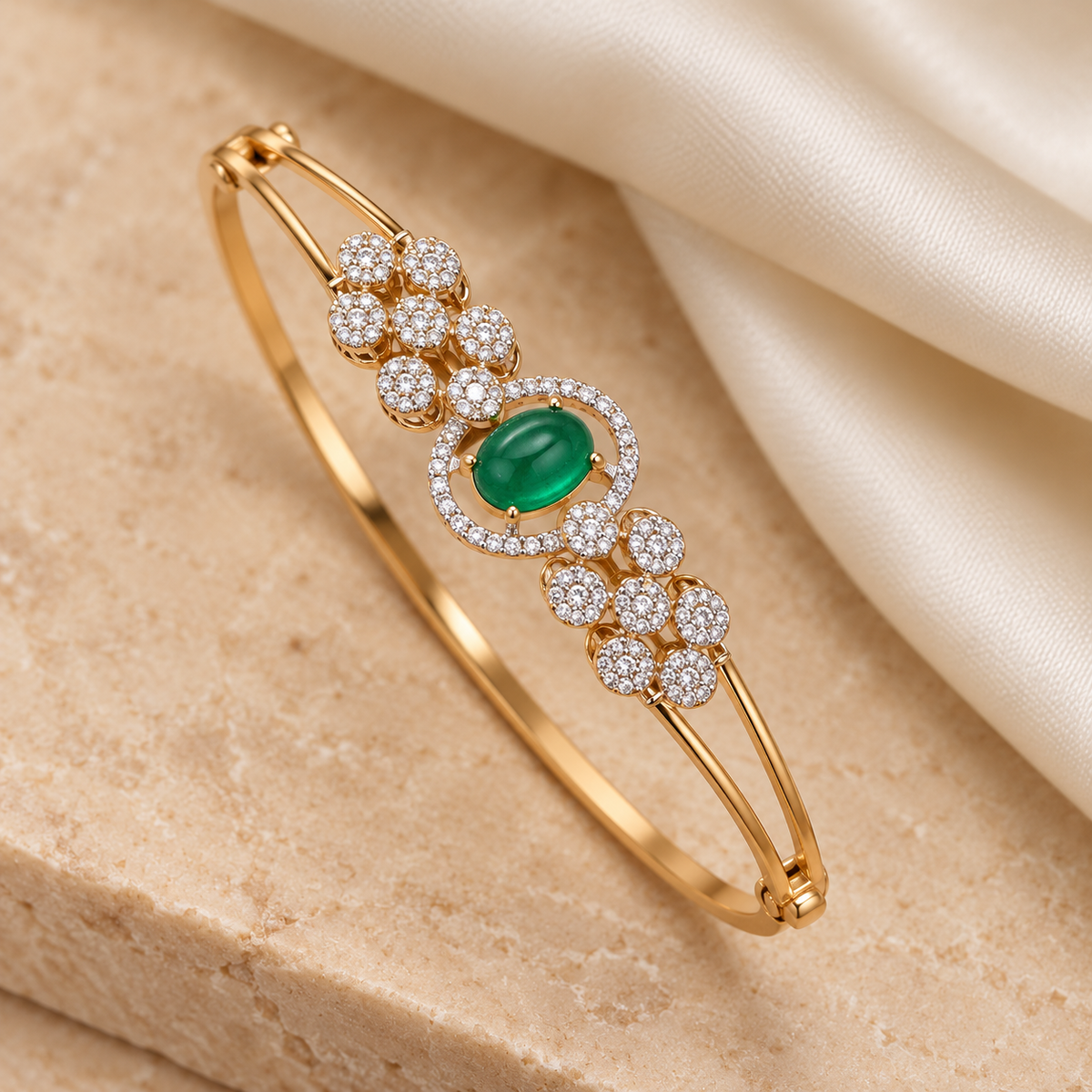 Green Cabochon Floral Halo Kada — Golden