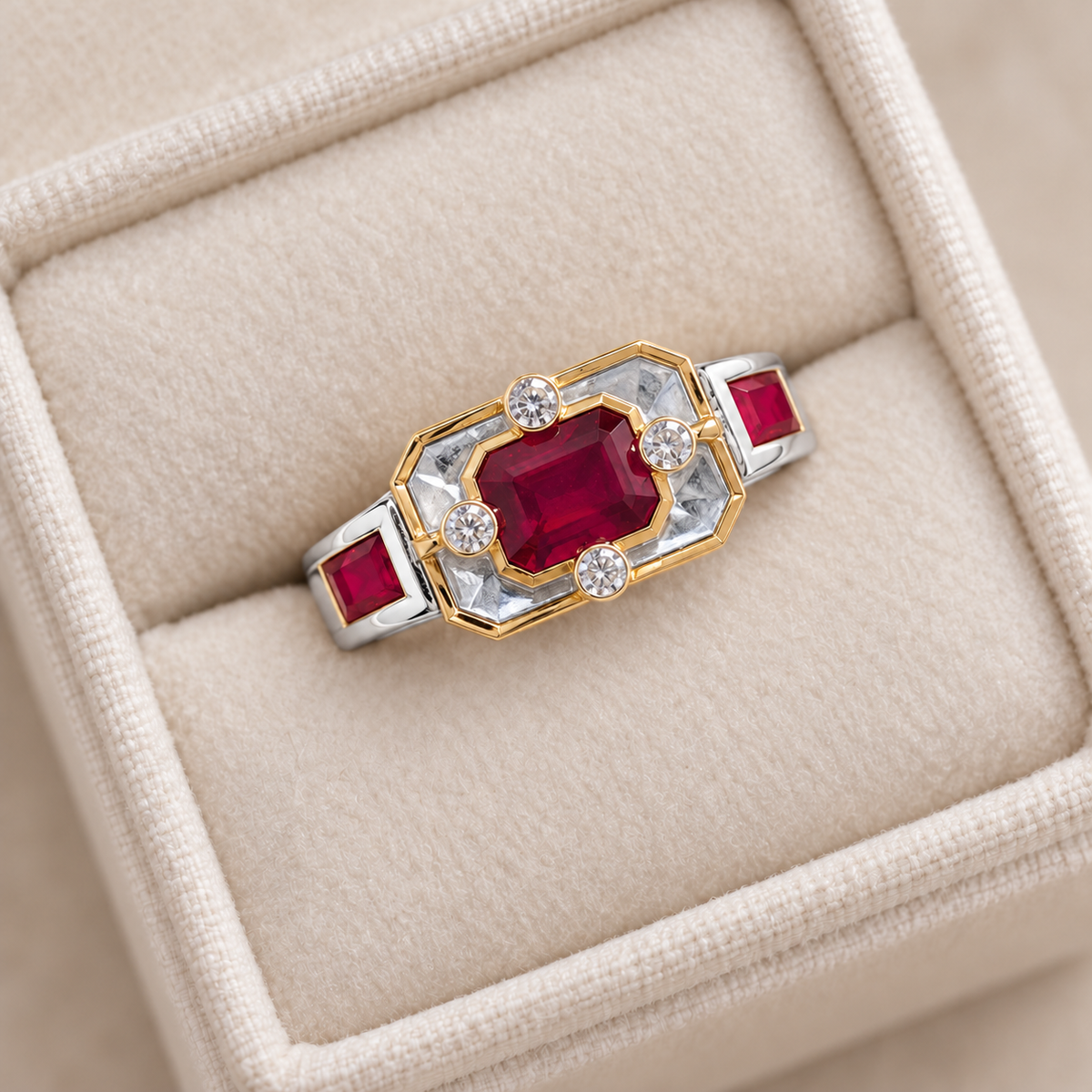 ruby ring diagonally placed in ivory box overhead view