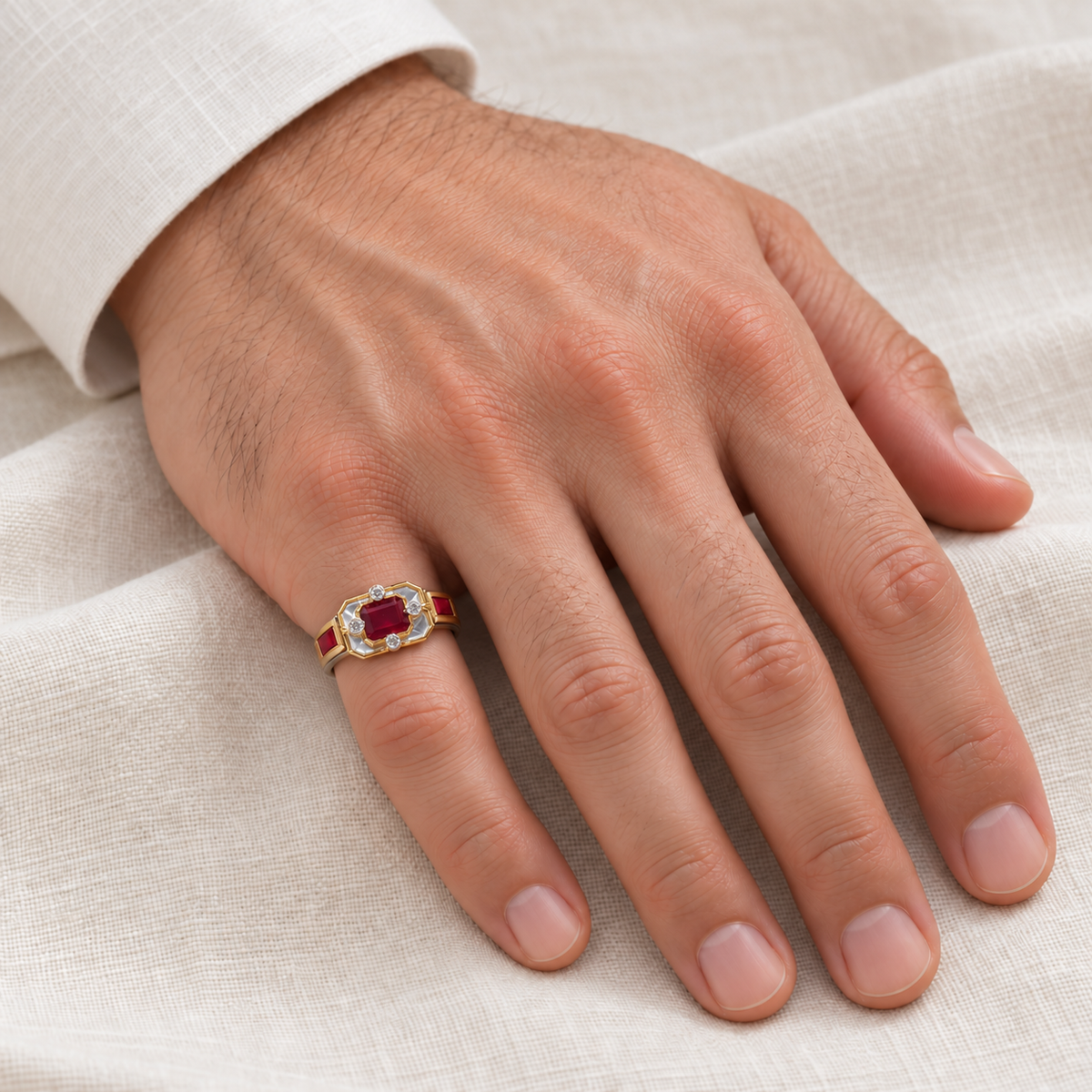 small rectangular ruby setting on right pinky