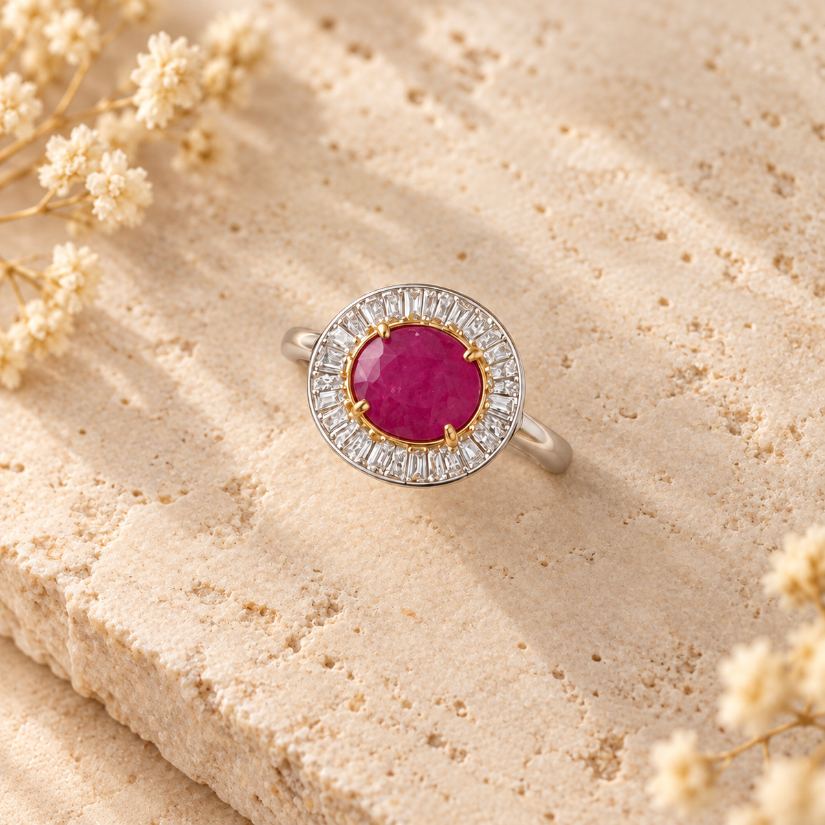 Oval red sunray halo ring matching approved box photo design on beige stone