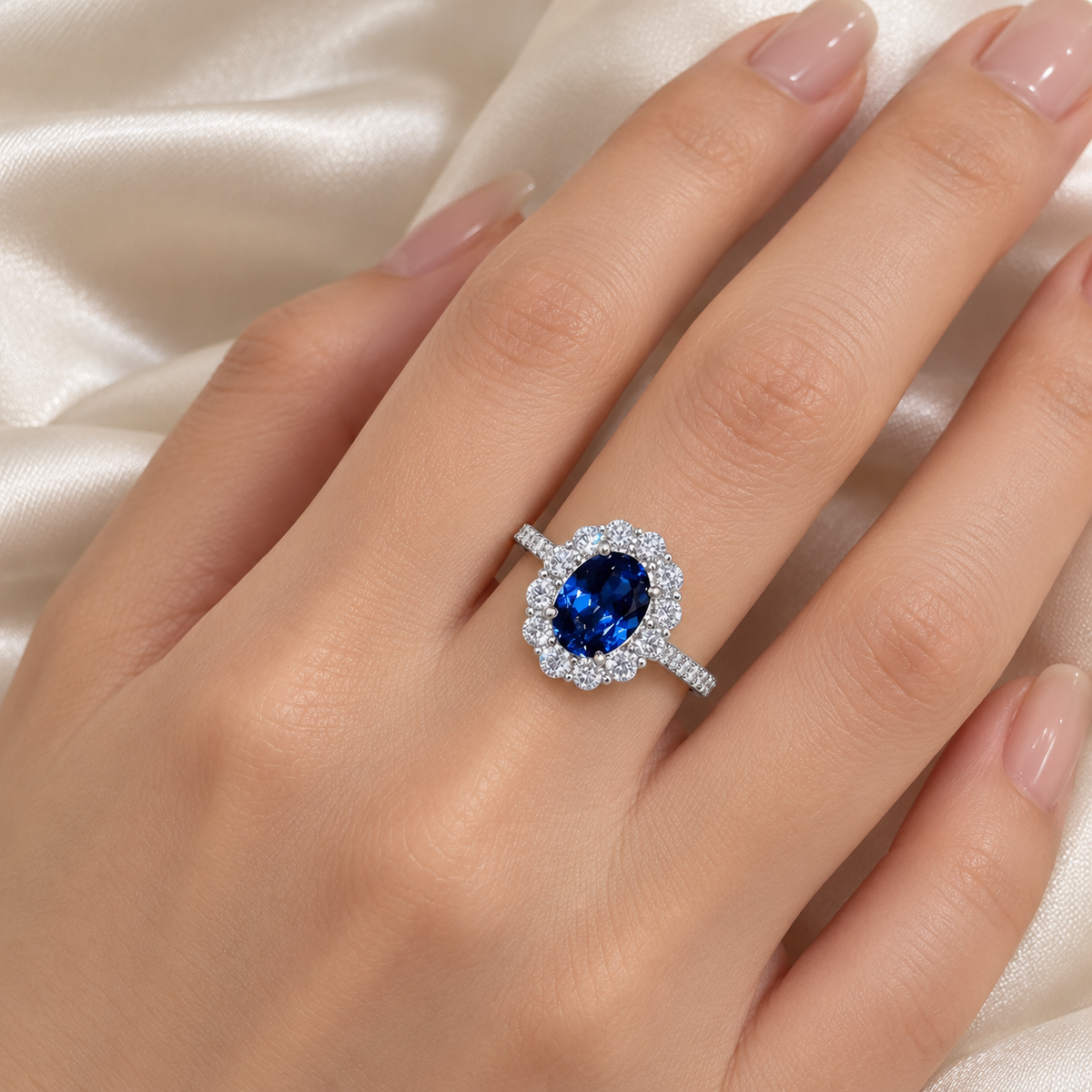 Blue Oval Floral Halo Ring — model hand