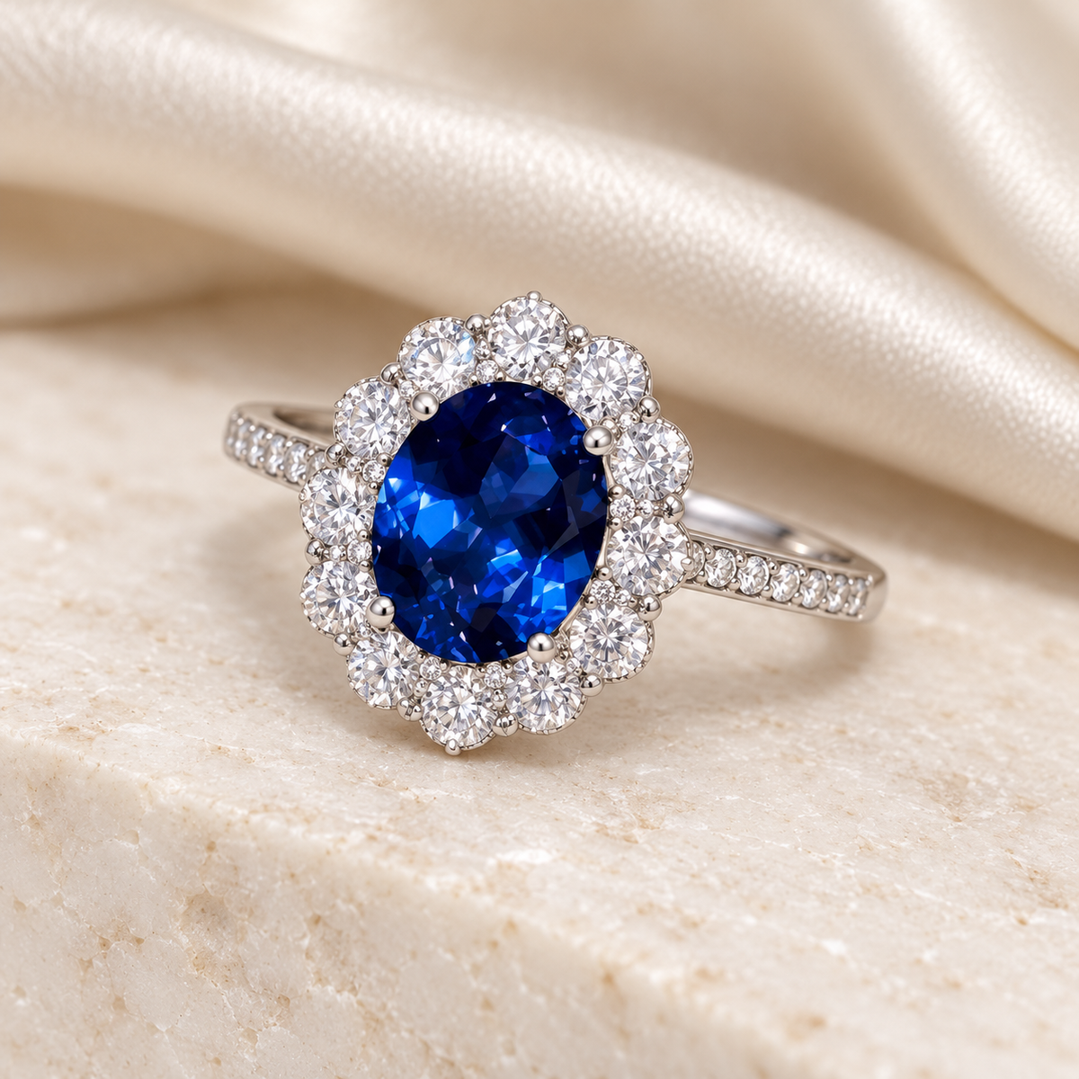 Blue Oval Floral Halo Ring — light background