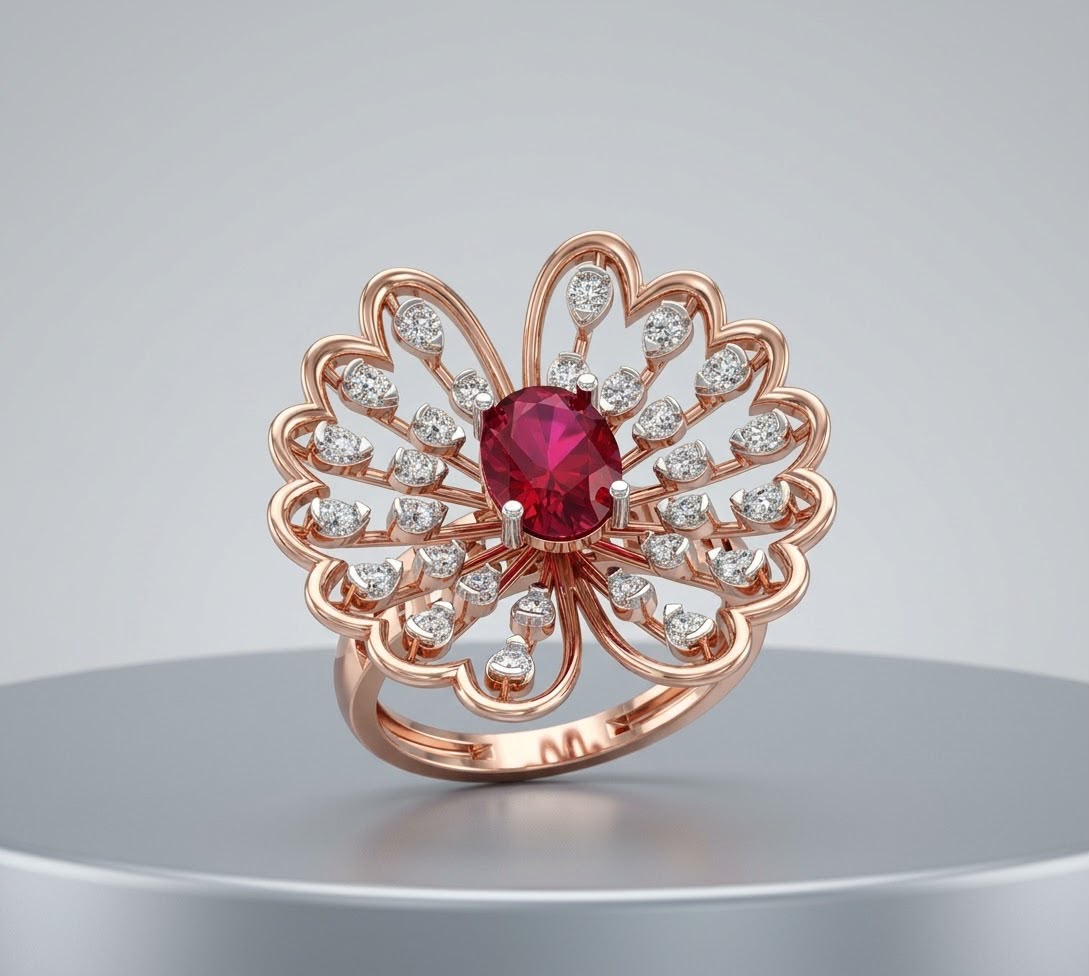 Exquisite Floral Ruby-Style Sterling Silver Ring