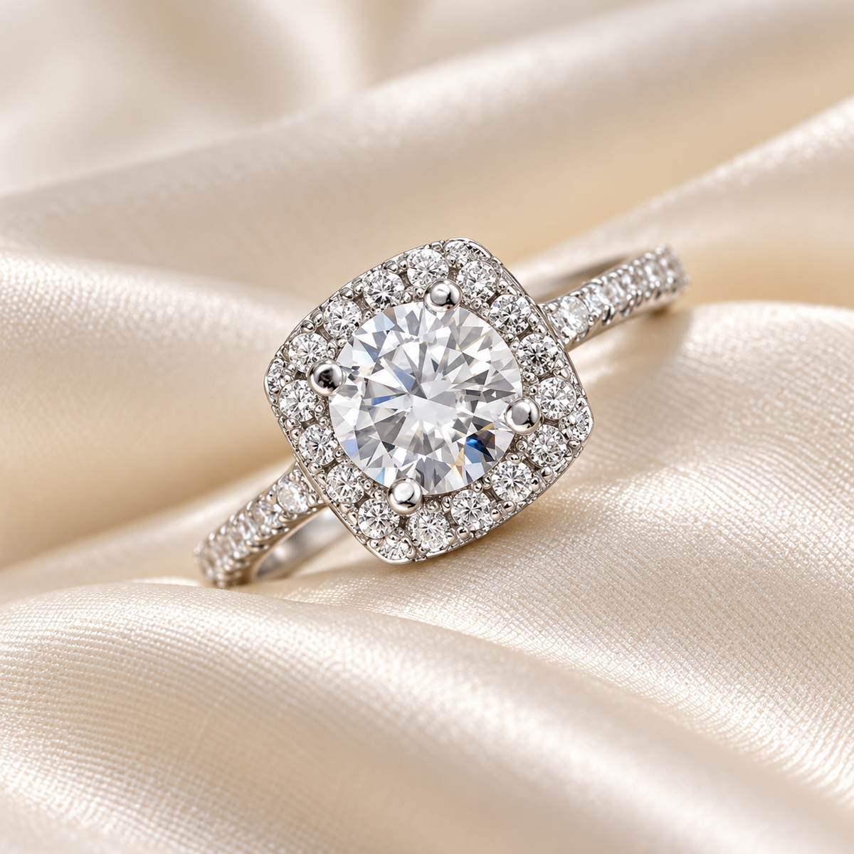 Cushion Halo Solitaire Ring on ivory satin