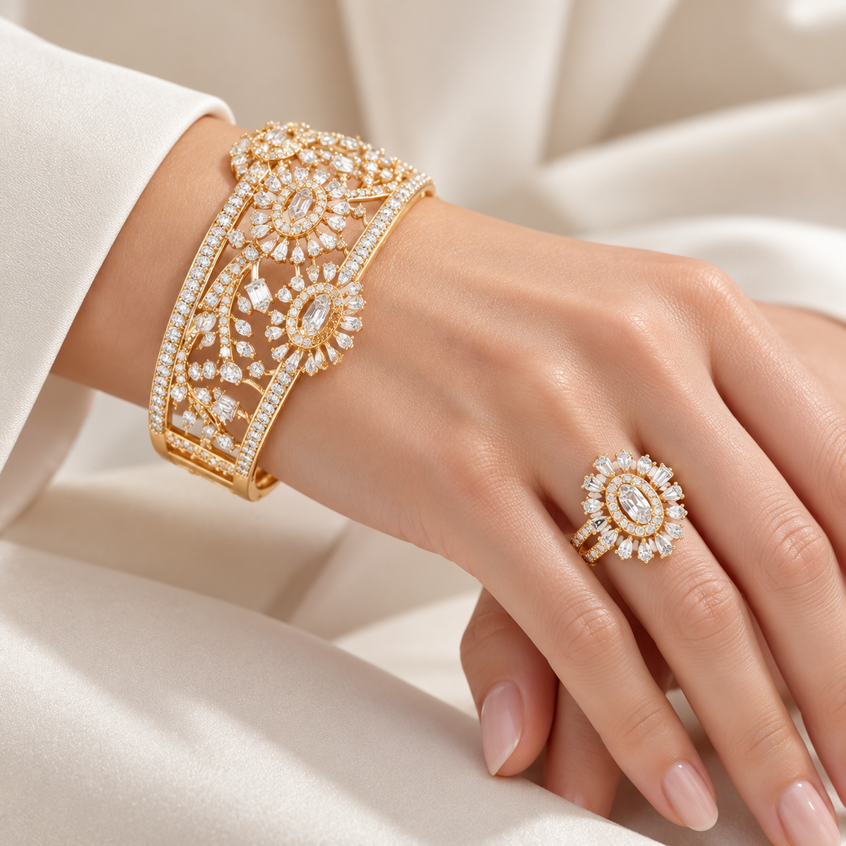 Gold floral bangle and matching ring on model