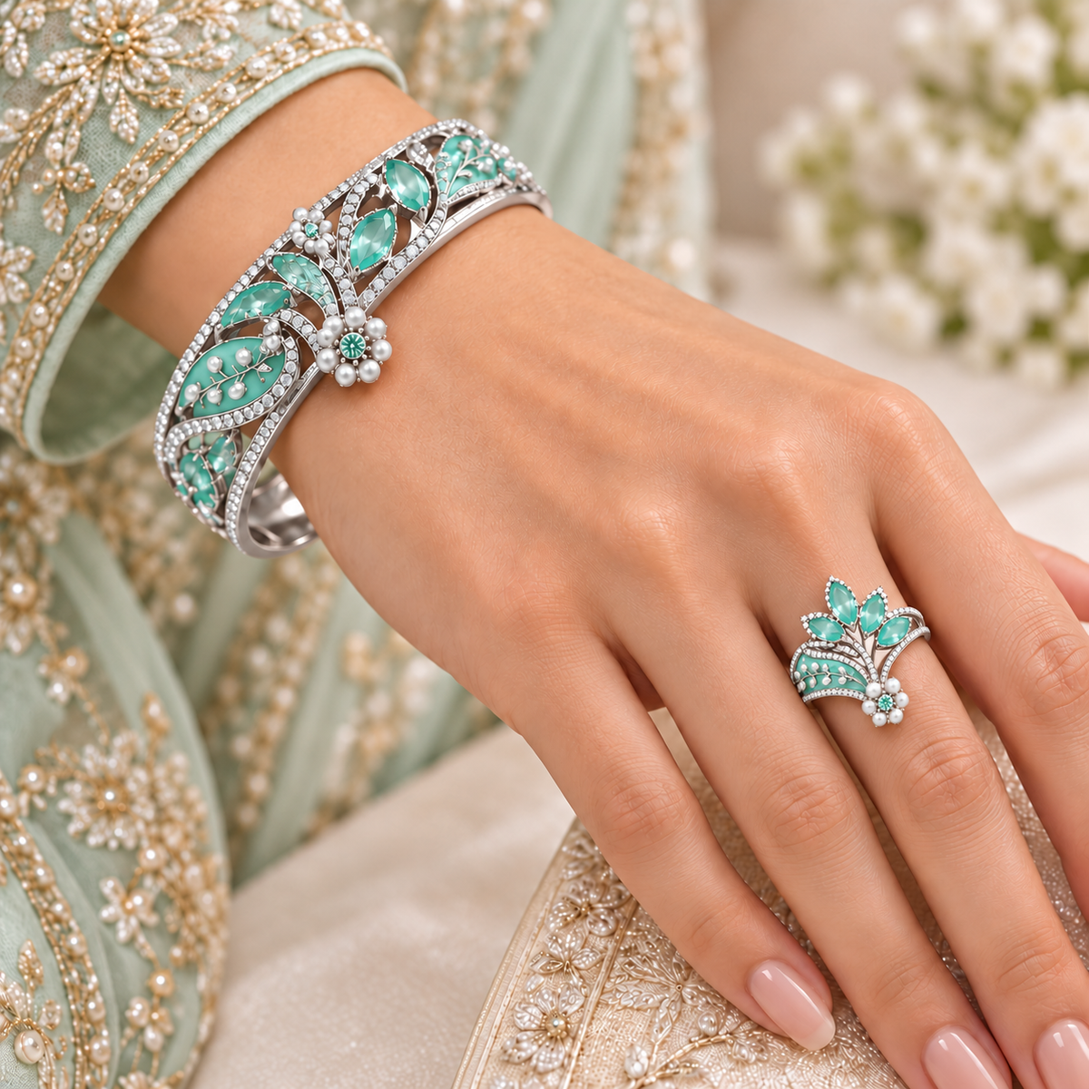 Silver model bangle and ring