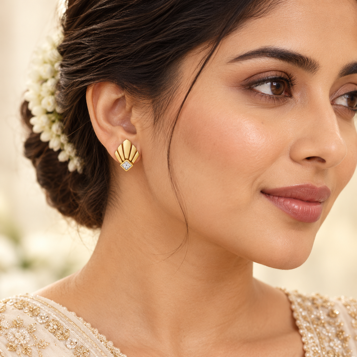 Gold Art Deco fan stud on bridal model