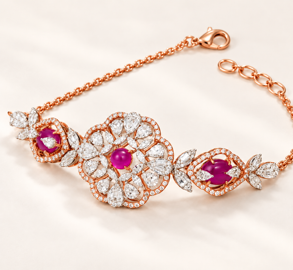 Rose gold floral bracelet with lobster clasp and four-link extender
