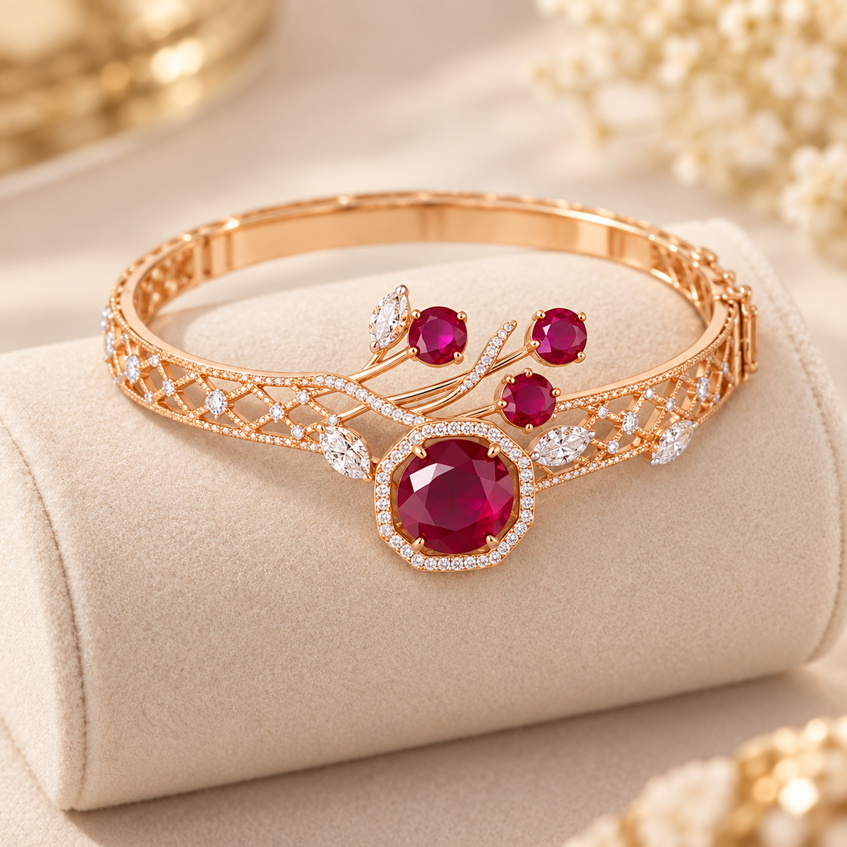 Ruby lattice bracelet on cream velvet