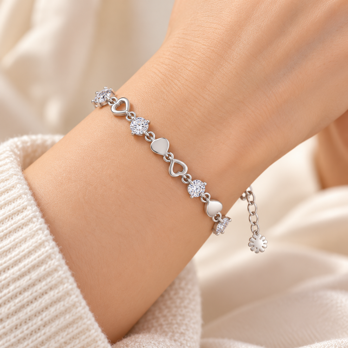 Silver heart bracelet on wrist