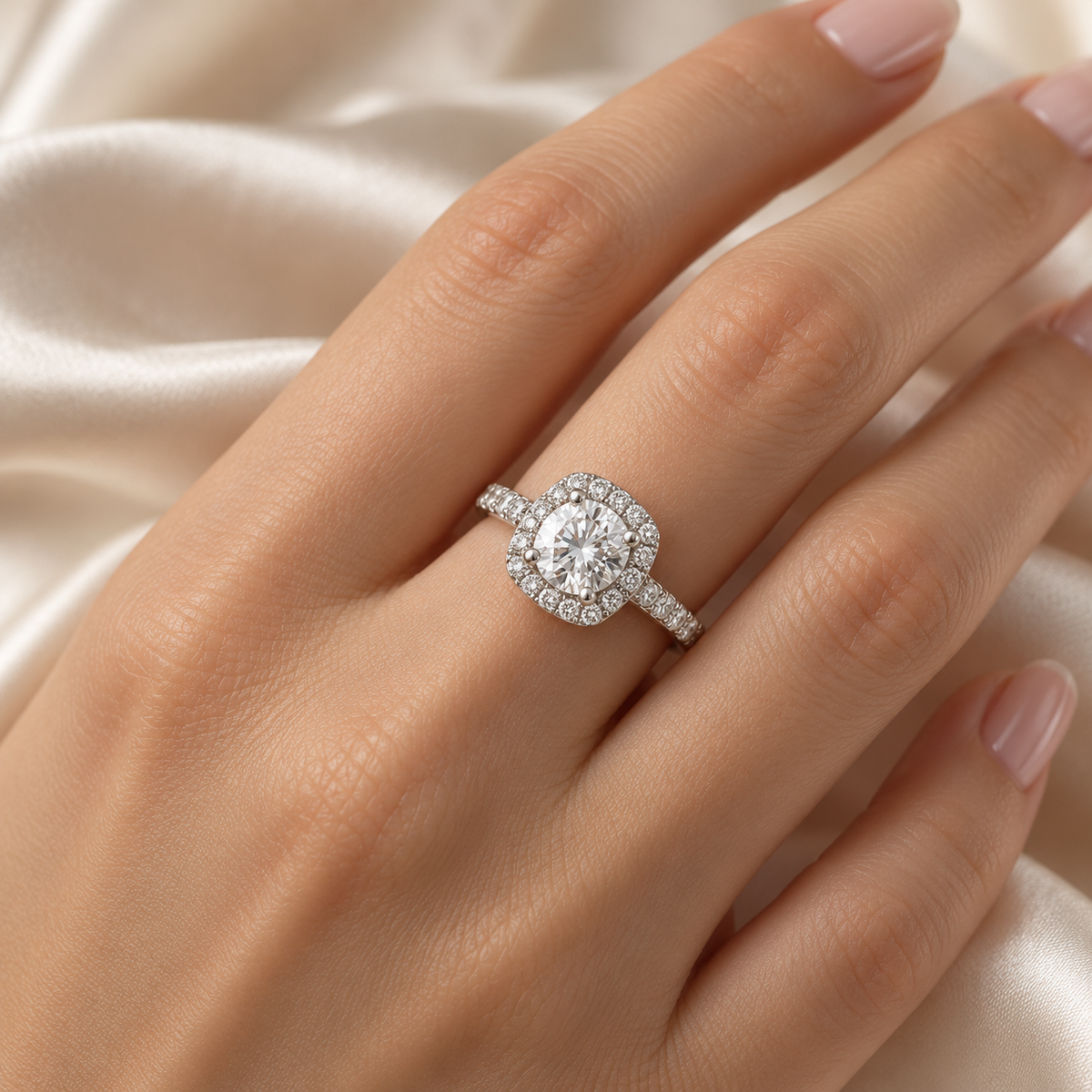 Cushion Halo Solitaire Ring on a woman’s hand