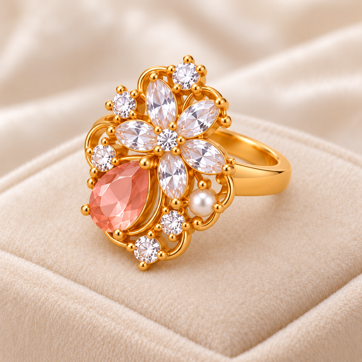 Matching peach floral pearl ring