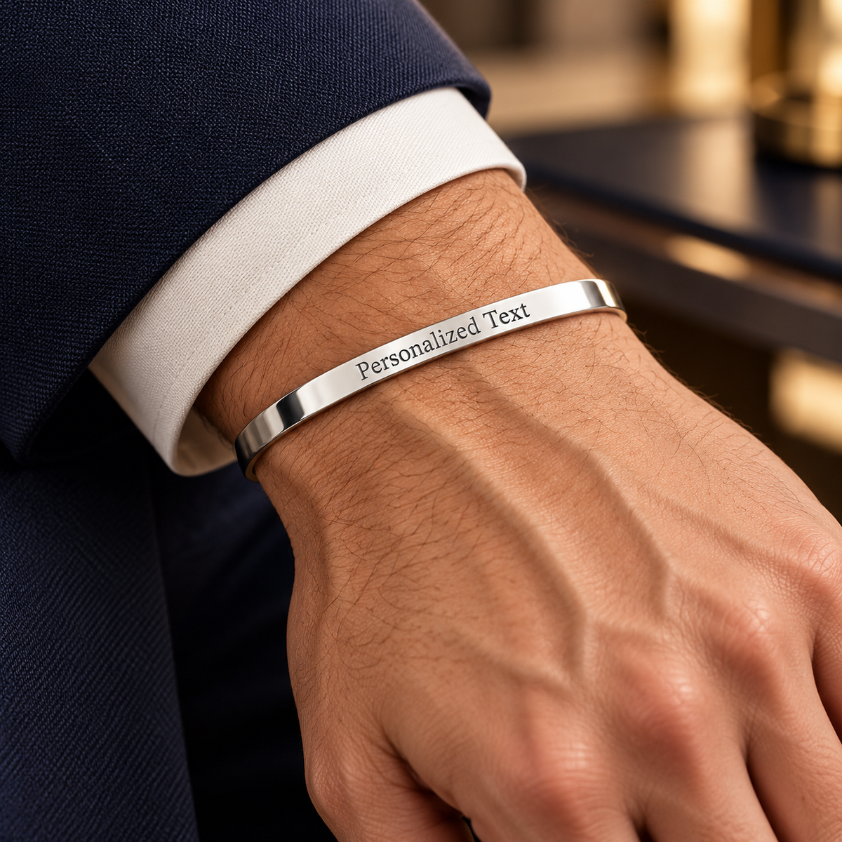Personalized open silver cuff on man's wrist