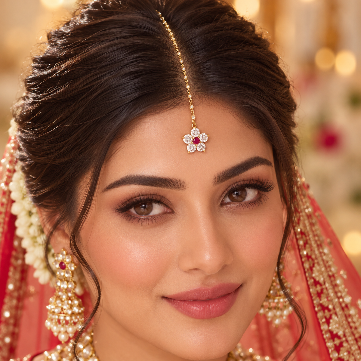 Floral maang tikka on bridal model