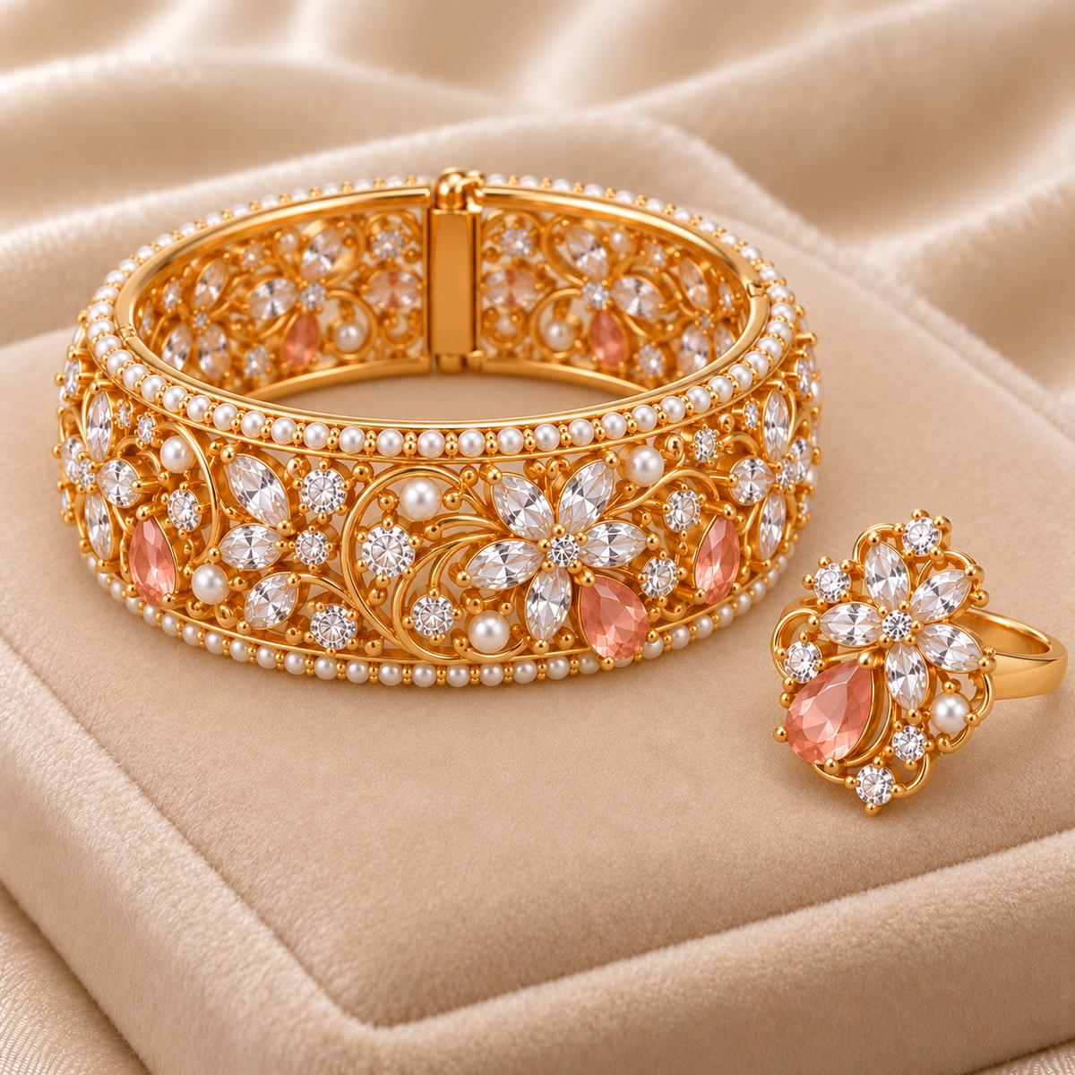 Peach pearl bridal bangle and ring set on velvet
