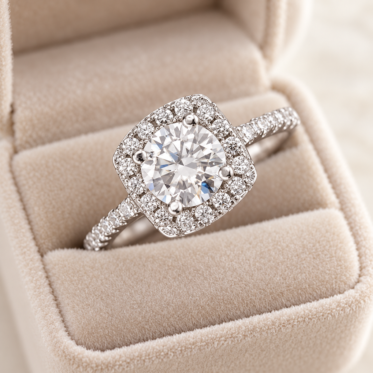 Cushion Halo Solitaire Ring in beige velvet box