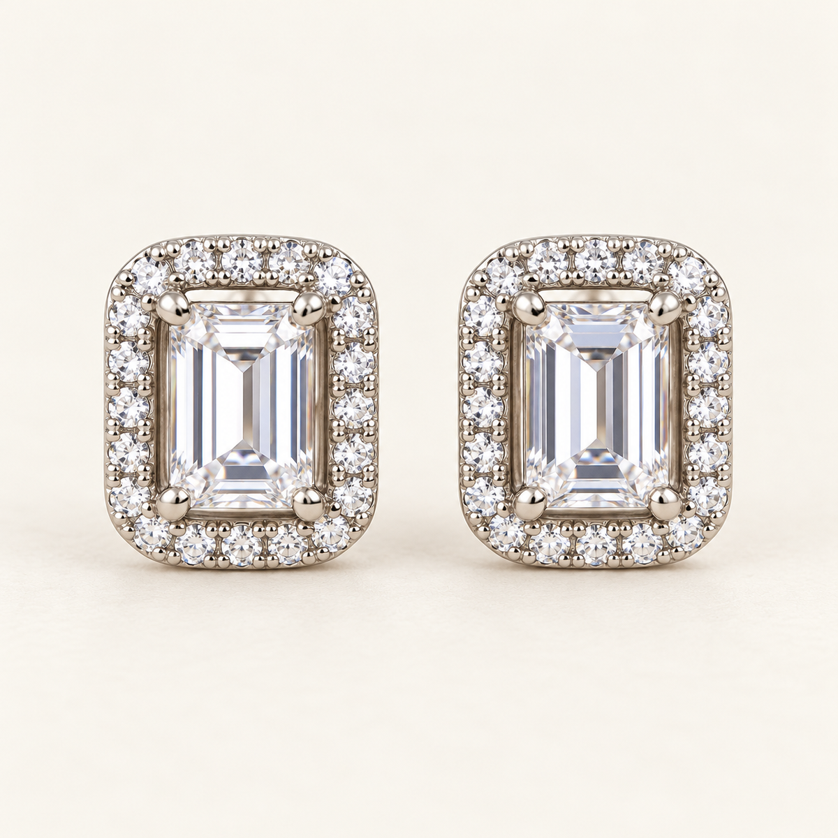 Silver rectangular halo studs