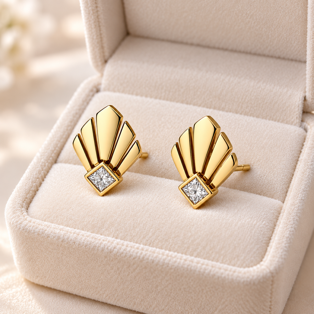 Gold fan stud pair in cream velvet box
