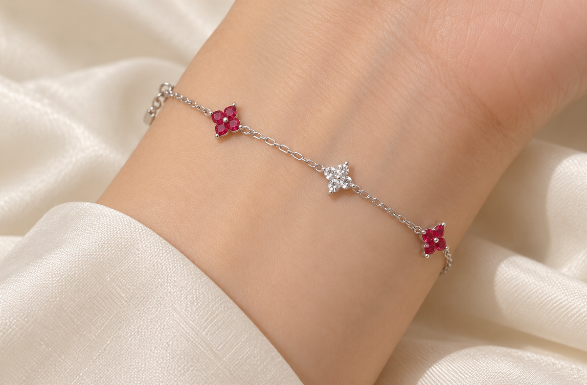 Red floral bracelet Silver on model wrist