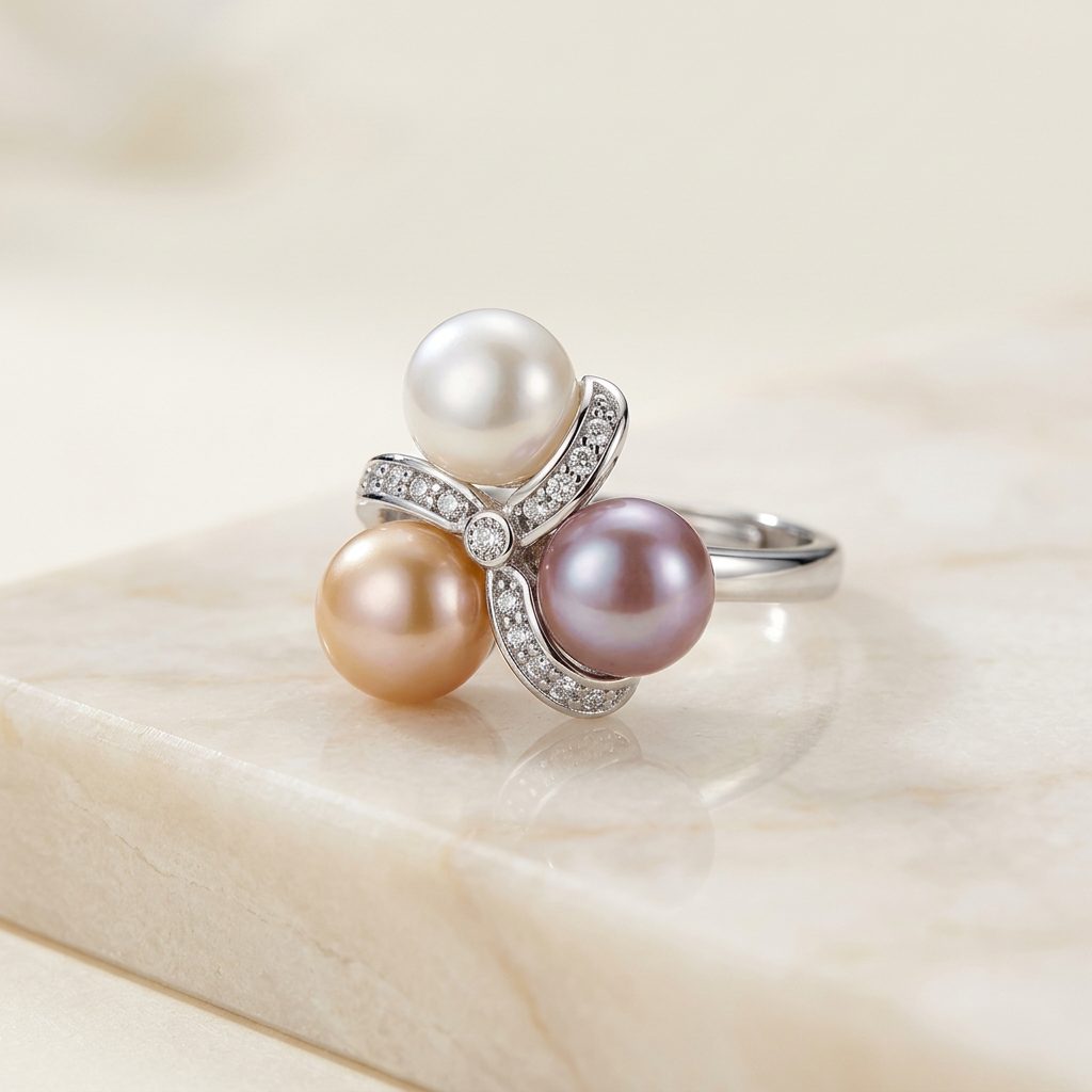 Triple Pearl Multi-Colour Ring macro close-up on cream marble