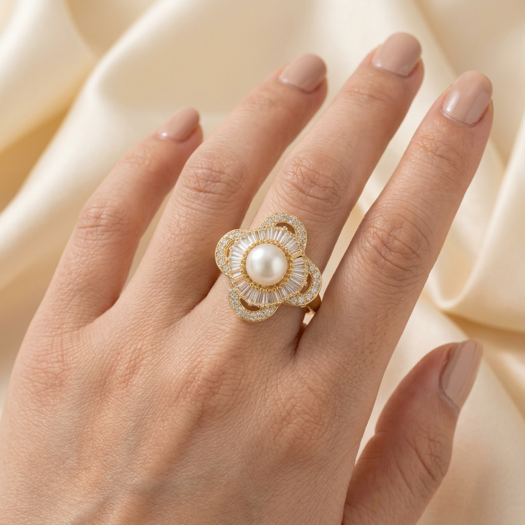Pearl Blossom Floral Ring close-up on hand with silk background