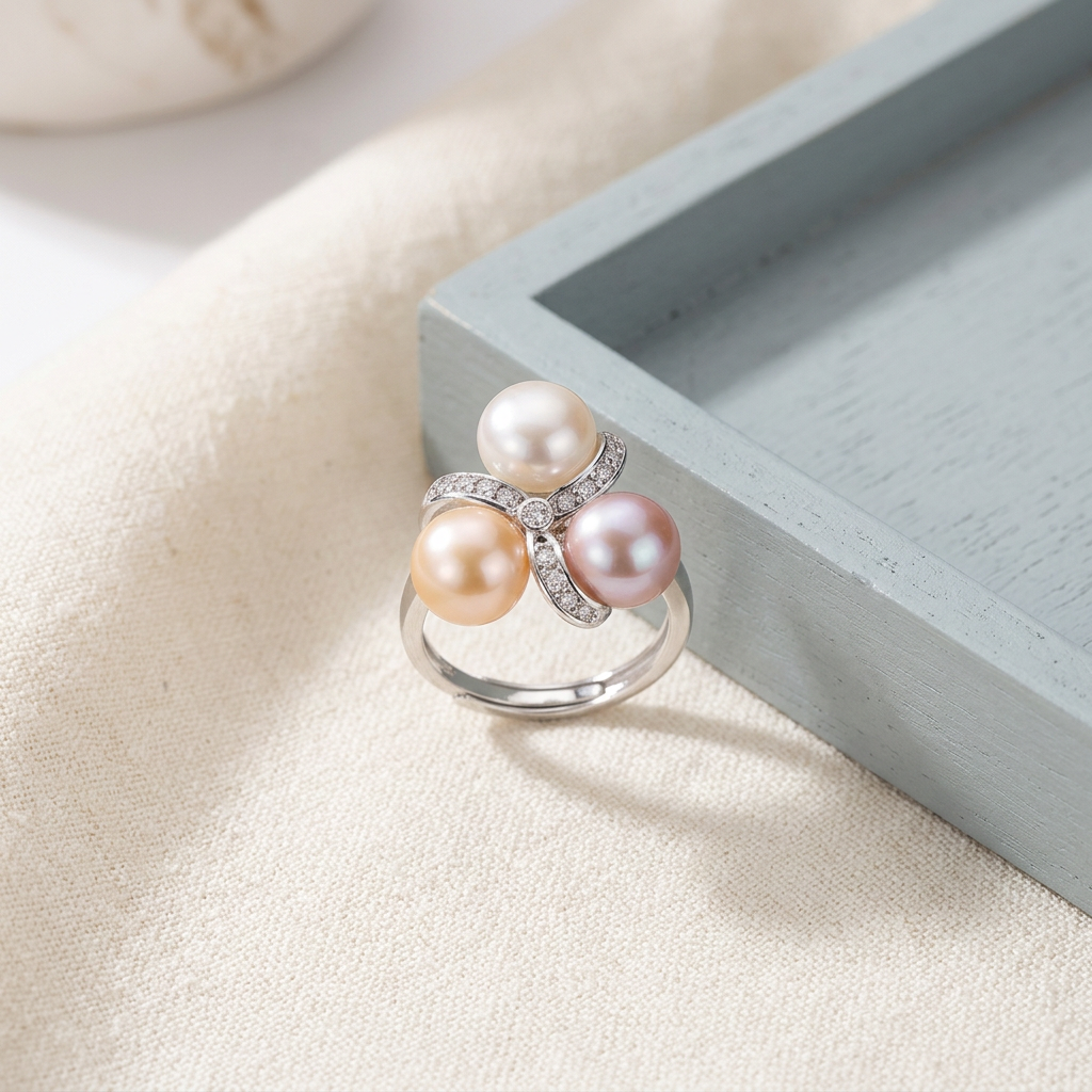Triple Pearl Multi-Colour Ring on cream linen with wooden tray