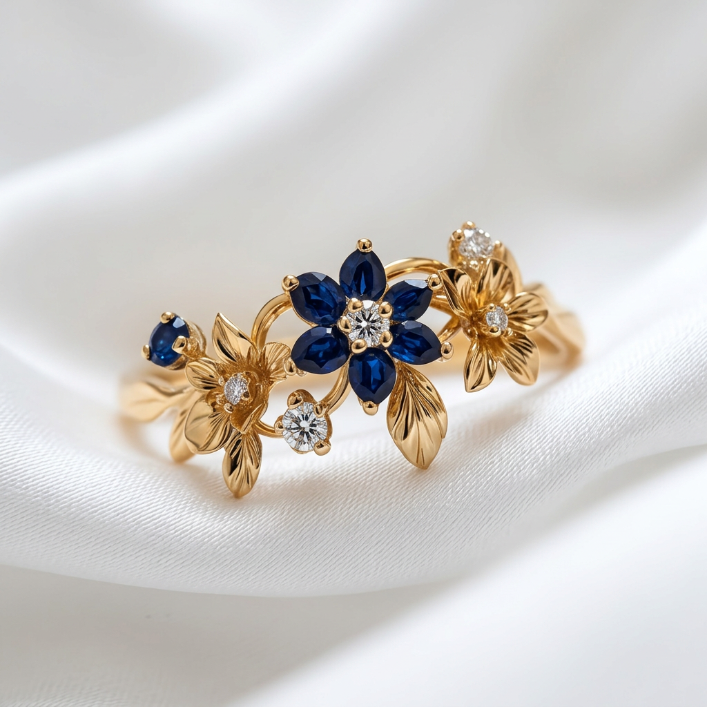 Sapphire Blossom Ring on white silk fabric background