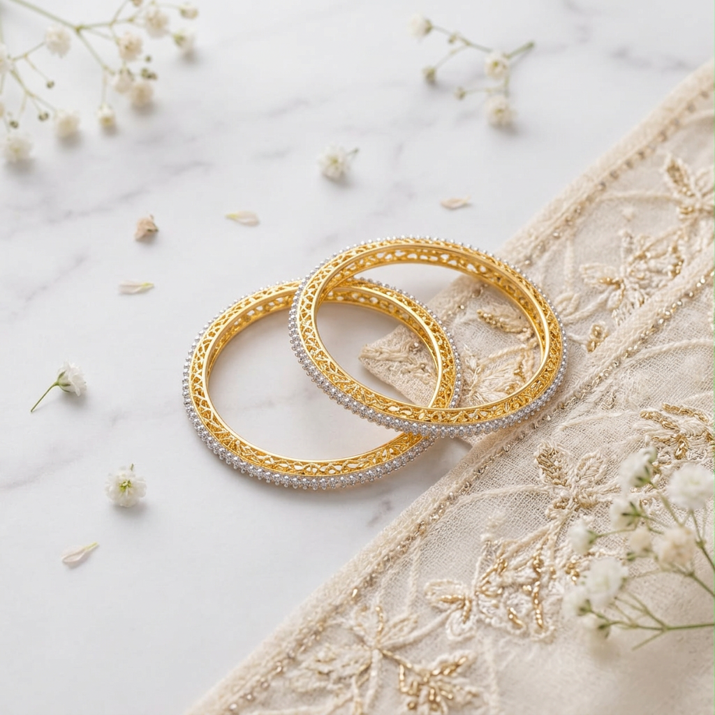 Gold filigree pearl bangle set flat lay on marble with white flowers