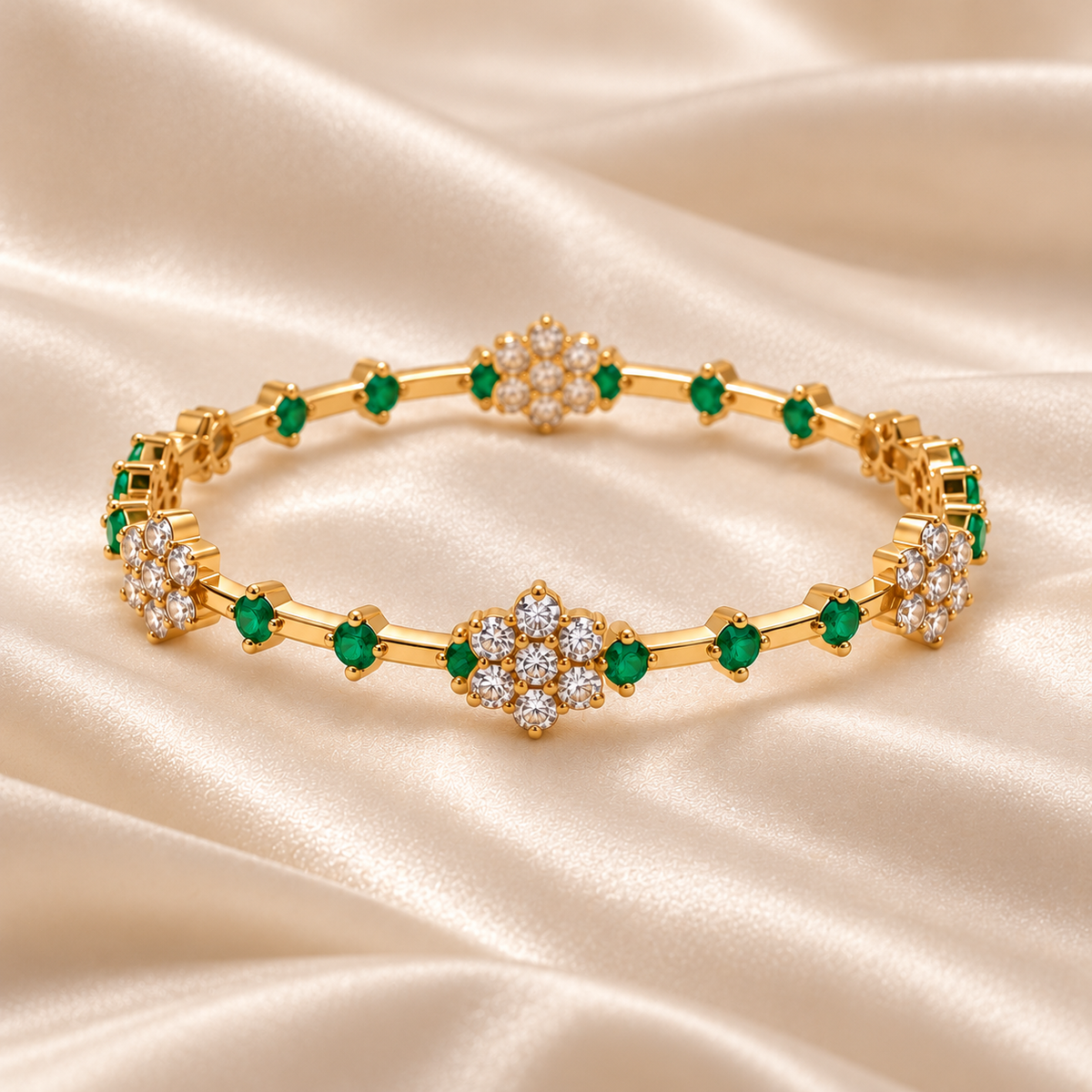 Emerald Blossom Bangle on champagne satin