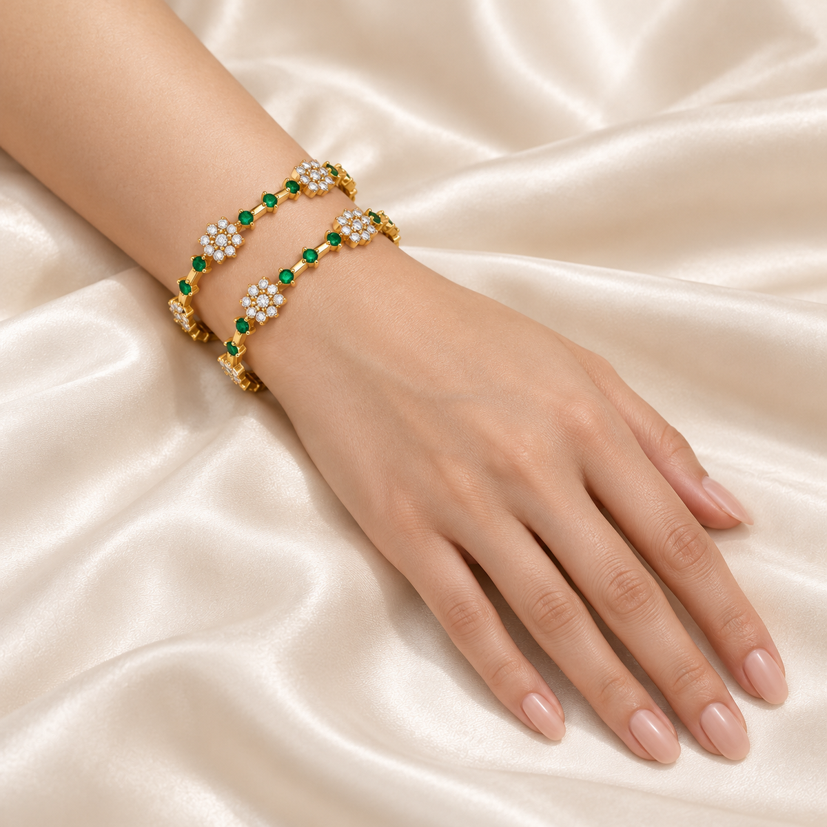 Two matching Emerald Blossom round bangles on a full model hand with nails visible