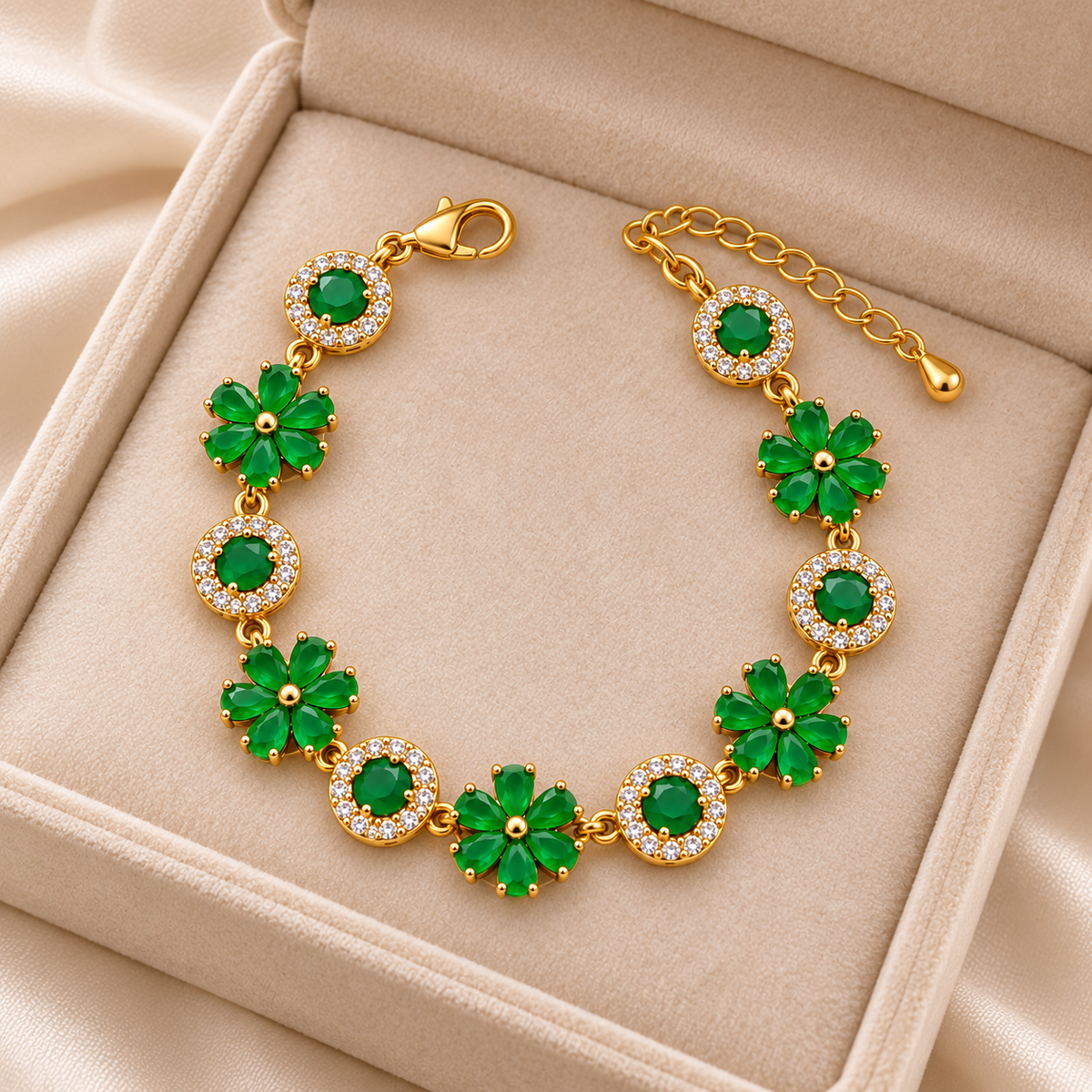 Emerald Flora Halo Bracelet velvet box