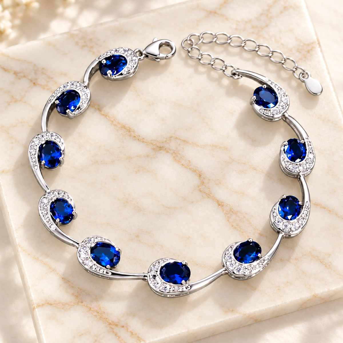 Royal Blue Crescent bracelet on ivory marble