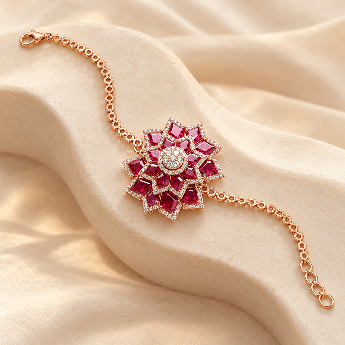 Ruby Geometric Blossom Bracelet Rose Gold stone display