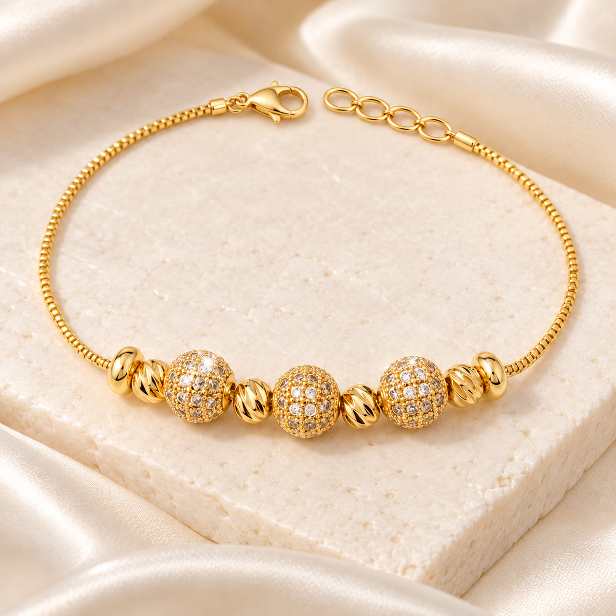 Golden Triple Pavé Bead Bracelet