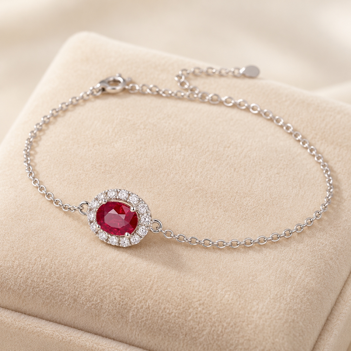 Silver Ruby Red Round Halo Bracelet