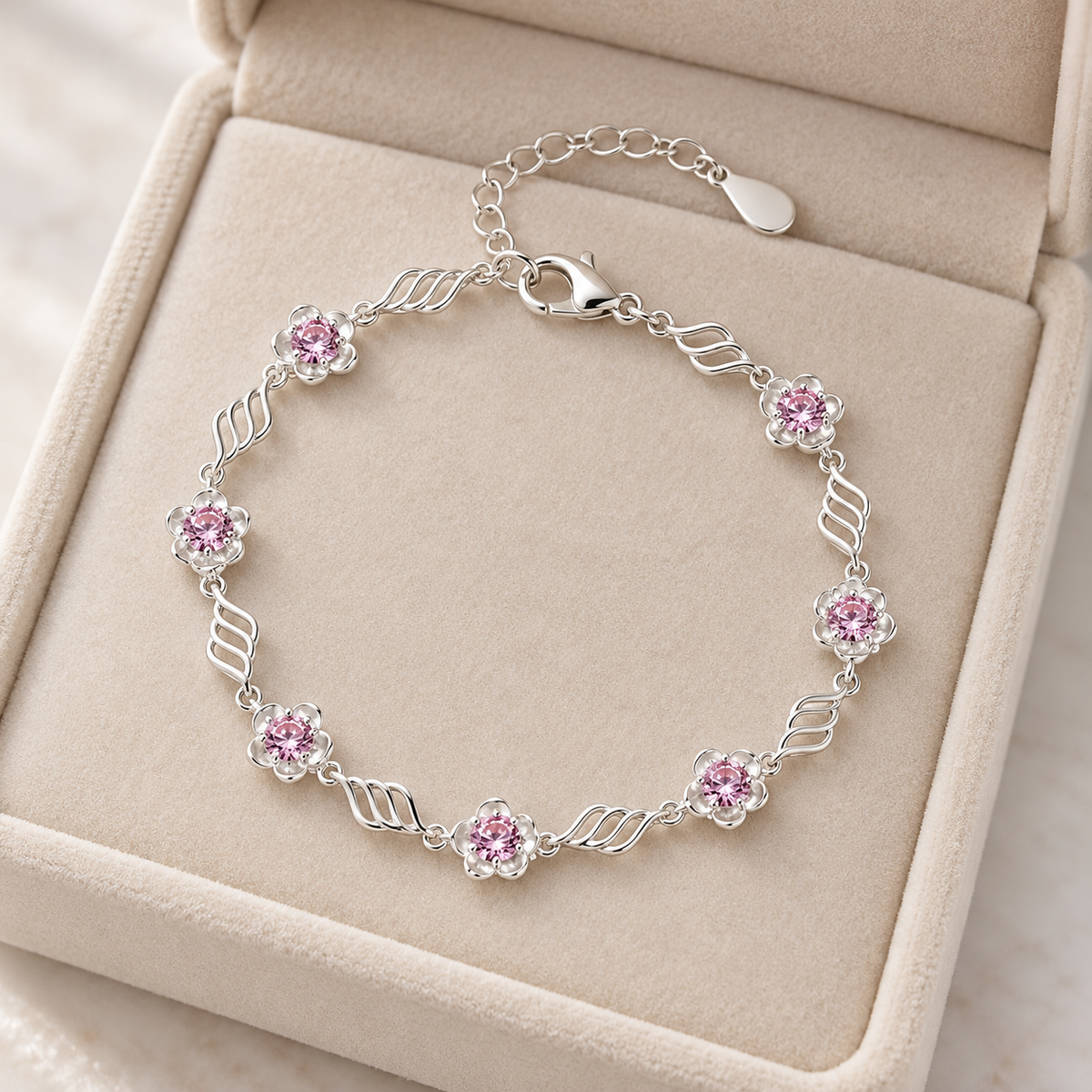 Pink floral ribbon bracelet Silver in velvet box