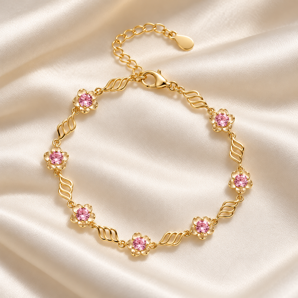 Pink floral ribbon bracelet Gold on satin