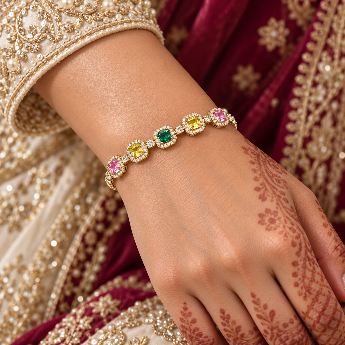 Multicolour halo bracelet Gold worn on bridal model hand