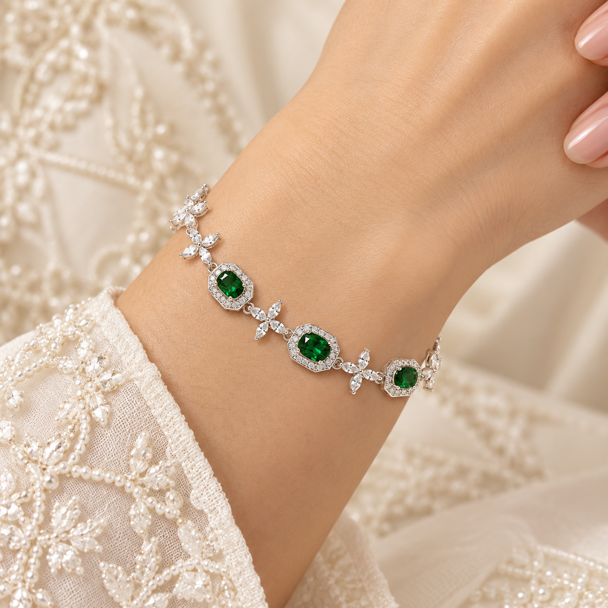 Green halo floral bracelet Silver on model wrist