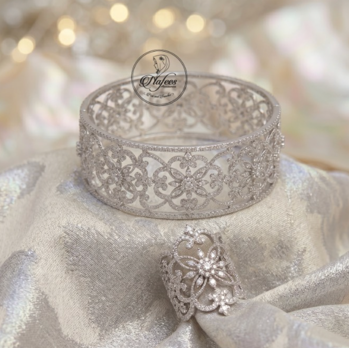 Floral filigree silver bangle and ring combo
