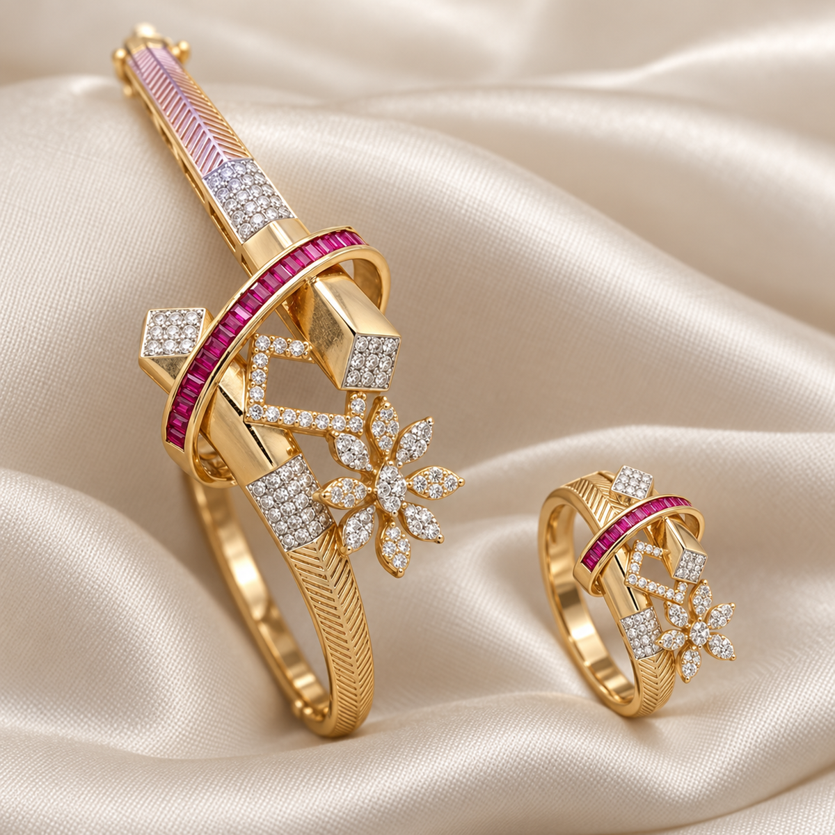 Ruby Arc Blossom bracelet and matching ring combo on ivory satin