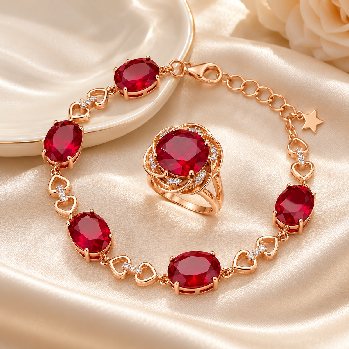 Rose gold plated ruby heart bracelet and swirl ring on champagne satin