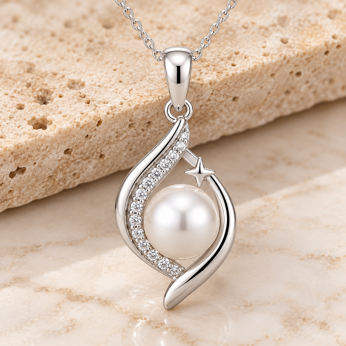 Pearl Starlight Pendant Necklace Silver cream marble display