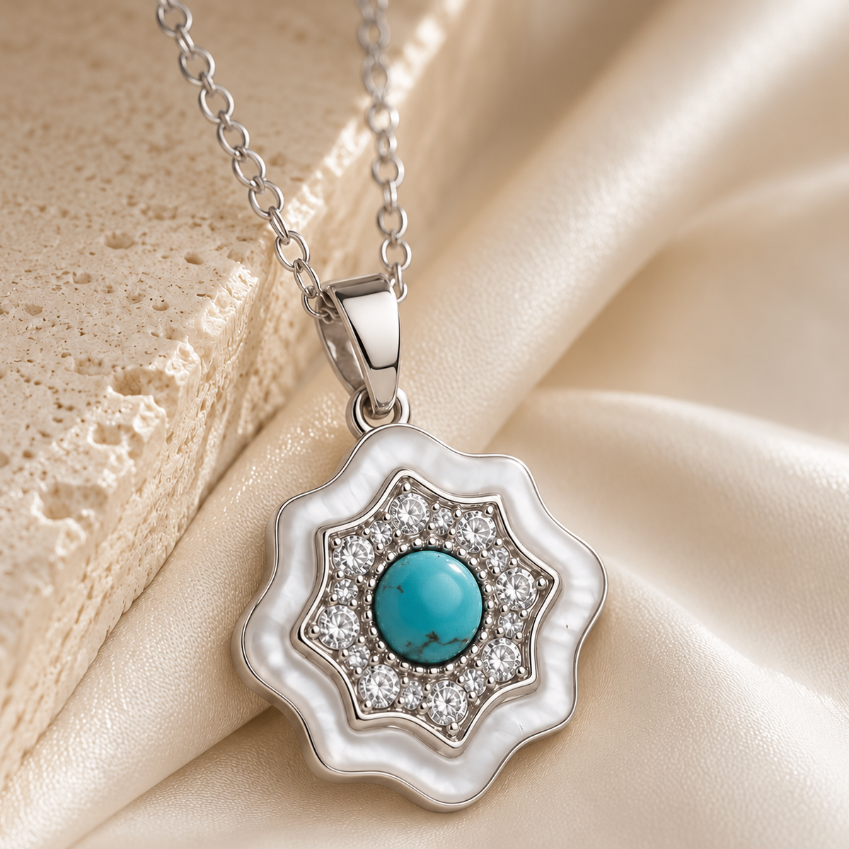 Turquoise scalloped pendant Silver in velvet box